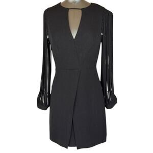 Halston Heritage Dress Womens 4 Black Fringe Sleeve Keyhole Mini Sheath Party